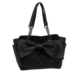 Betsey Johnson Leather Studded Bag Handbag Black Satchel Purse Big Bow Chain